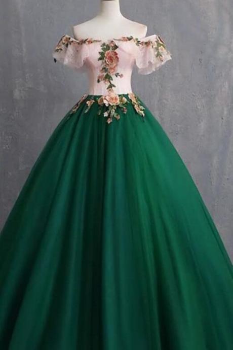 Vintage Off Shoulder Floor Length Dark Green Prom Dresses