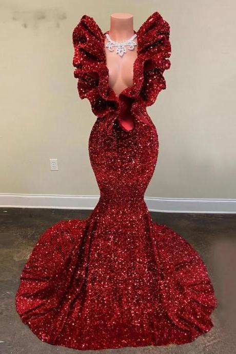 Mermaid Deep V Neck Sequin Prom Dresses, Red Evening Dresses