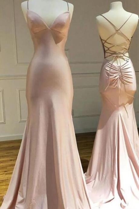 Mermaid Pink Satin Criss Cross Long Evening Dresses