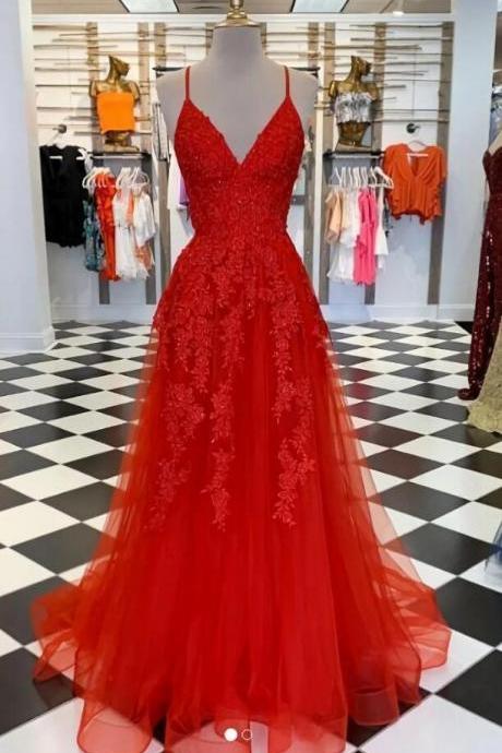 A Line V Neck Red Lace Prom Dresses, Party Dresses