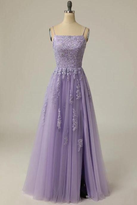 A Line Strapless Purple Long Prom Dress With Lace Appliques