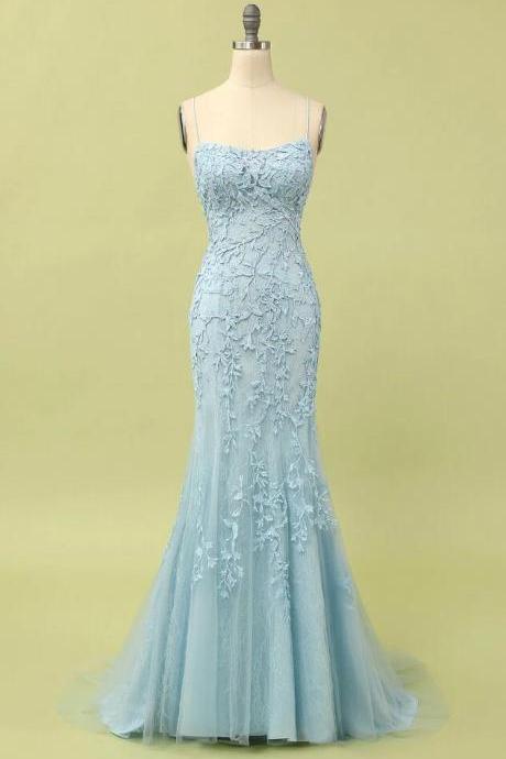 Mermaid Blue Long Prom Dress Backless Evening Dress With Lace