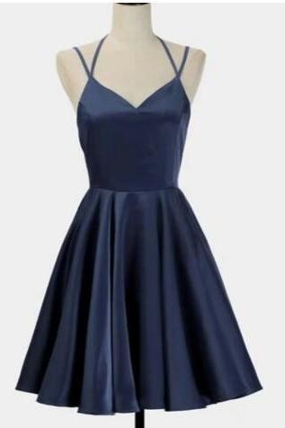 Simple Short Blue Sleeveless V Neck Mini Prom Dresses