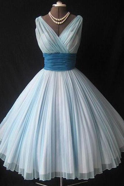 Cute V Neck Blue Short Prom Dresses
