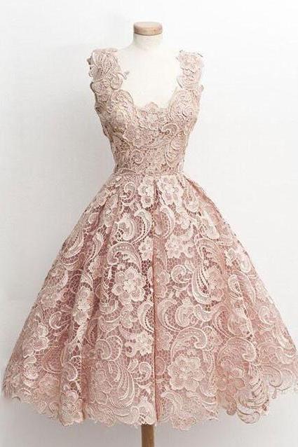 Cute Light Pink Lace Short Prom Dresses
