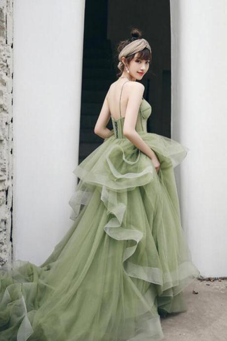 A Line Green Tulle Long Evening Dresses
