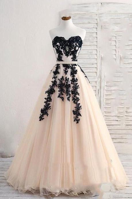 Floor Length Champagne Formal Prom Dress With Black Lace