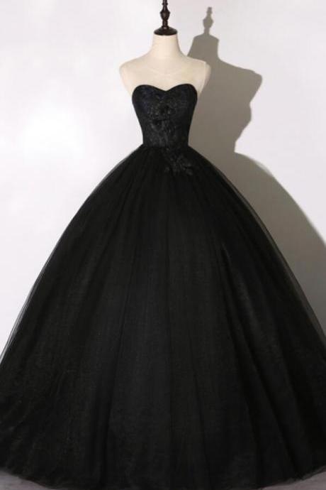 A Line Ball Gown Black Lace Long Prom Dresses