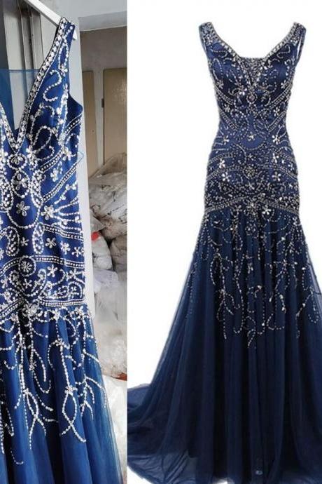 Vintage Luxurious Navy Blue V Neck Prom Dresses With Rhinestones