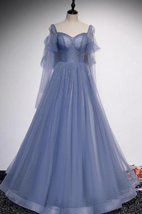 A Line Square Blue Tulle Long Prom Dresses