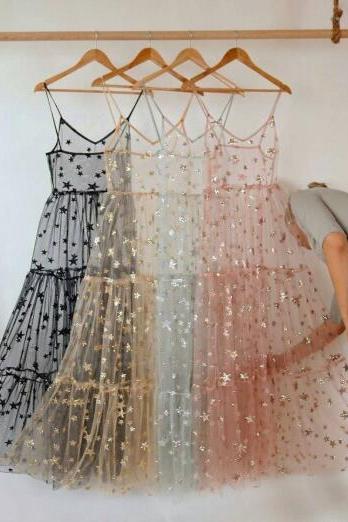 Spaghetti Straps Fashion Bling Bling Star Women's Dress