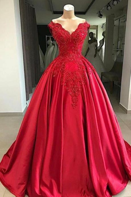 A Line Red Satin Long Prom Gown With Beading