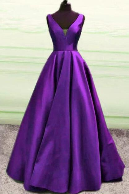 Simple A Line Purple V Neck Prom Ball Gown Prom Dresses