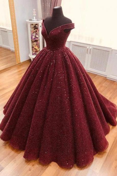 Off The Shoulder Ball Gown Burgundy Sequins Long Prom Dresses