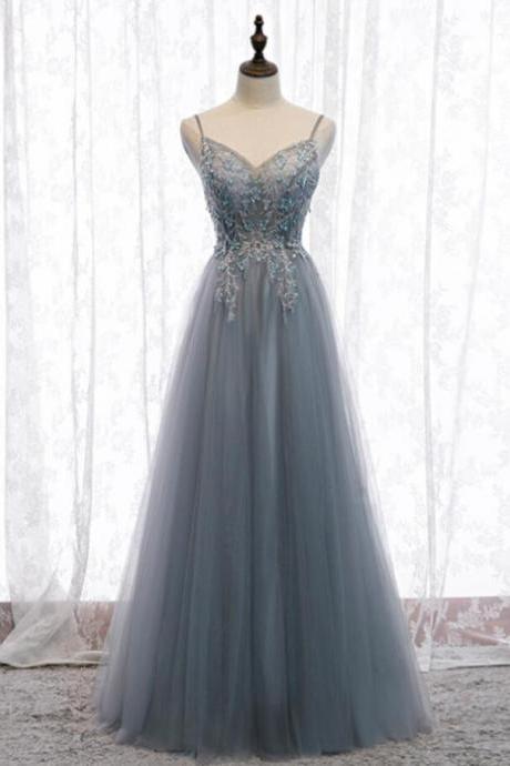 Spaghetti Straps Gray Tulle Sequins Prom Dresses