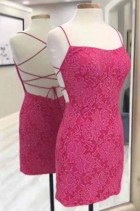 Sexy Fuchsia Lace Homecoming Dresses