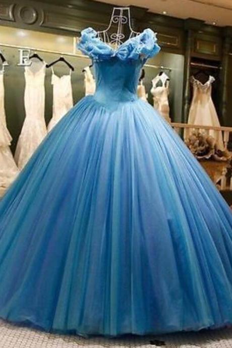 Off Shoulder Ball Gown Blue Prom Dresses Cinderella Birthday Gown