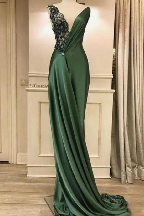 A Line V Neck Olive Green Lace Prom Dresses