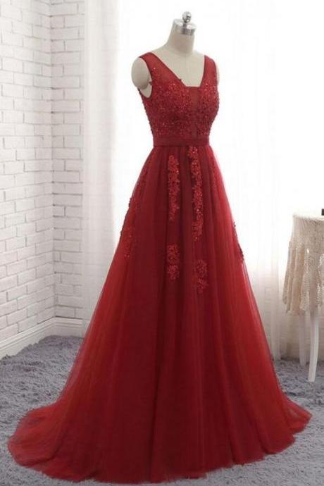 Mermaid V Neck Tulle Long Prom Dress With Lace Applique
