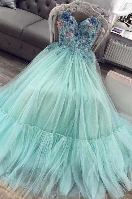 A Line Mint Prom Dresses With 3d Flowers