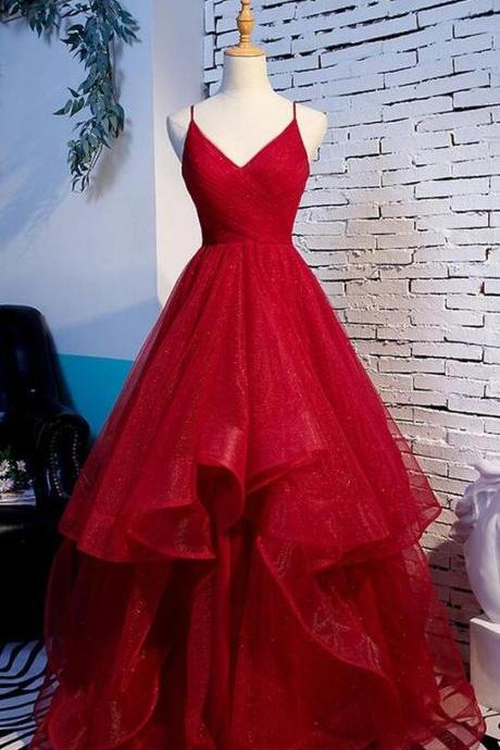 Spaghetti Straps Red Party Dress V Neck Evening Dress