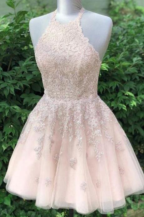 Halter Neck Short Homecoming Dresses With Appliques