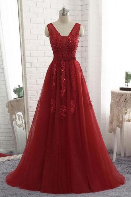 A-line Party Dress Long Red Tulle Prom Dress