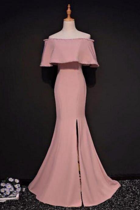 Mermaid Off-the-shoulder Floor Length Pink Prom Dress With Slit
