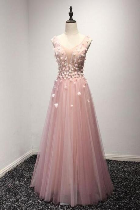 Princess Pink Tulle Formal Prom Dress With Floral