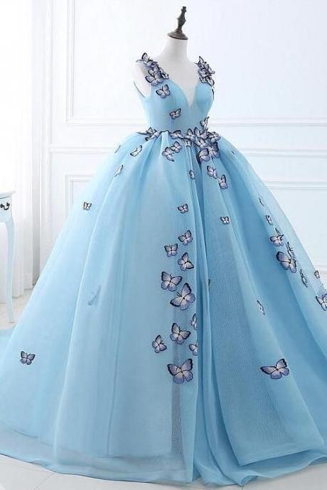 Ball Gown V-neck Neckline Prom Dresses With Embroidery Butterflies