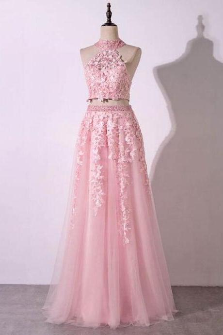 Strapless Two Pieces Pink Tulle Long Lace Prom Dress