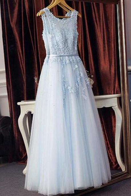 A Line Blue Lace Prom Dresses