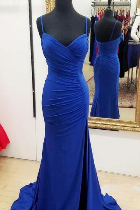 Spaghetti Straps Split Front Royal Blue Long Prom Dresses