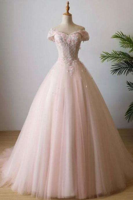 Unique Off Shoulder Long Pink Prom Dresses With 3d Flower