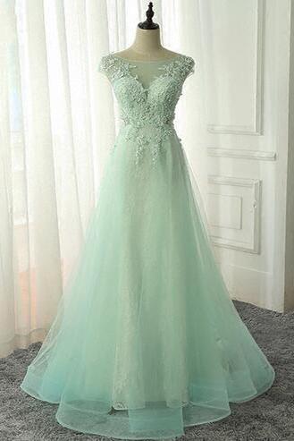 A Line Tulle Scoop Neck Long Formal Prom Dress With Cap Sleeve