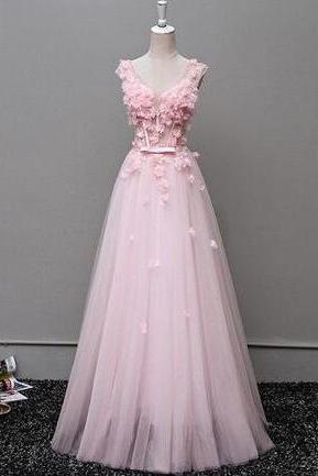 A Line Blush Pink V Neck Long Appliques Tulle Senior Prom Dress