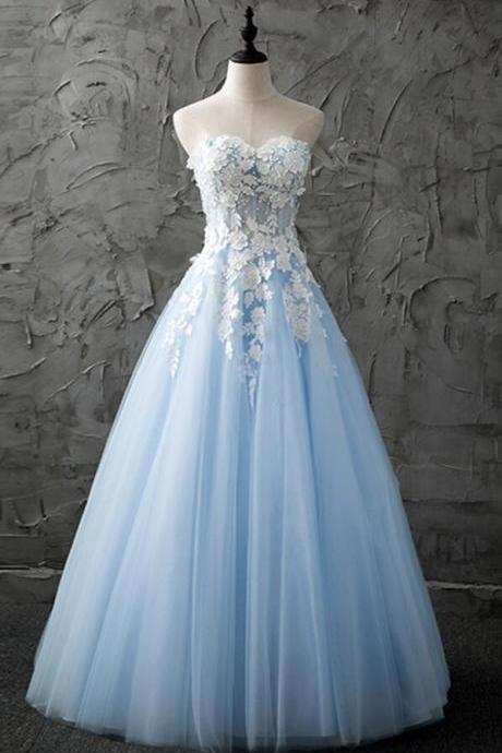 Sweetheart Blue Tulle Long Evening Dress With Appliques