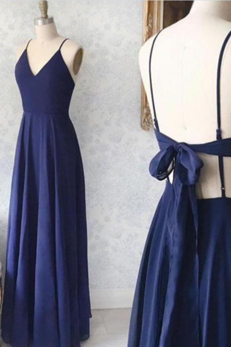 Simple Navy Blue V Neck Chiffon Prom Dresses