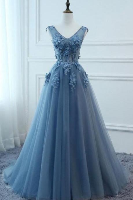 Beautiful A Line Blue Tulle Prom Dress With Lace