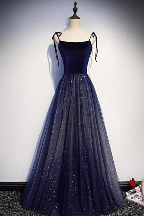 Simple Navy Blue Velvet And Tulle Straps A Line Prom Dress