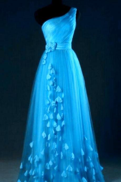 Elegant Blue One Shoulder Tulle Party Dress With Floral