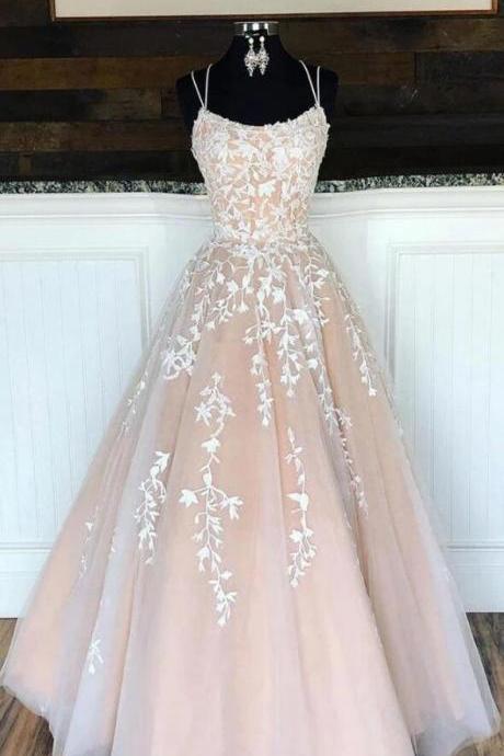 Spaghetti Straps A Line Tulle Lace Up Appliques Prom Dresses