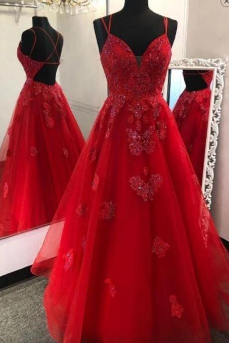 A Line Strap Red Tulle Lace Evening Dress, Special Occasion Dress