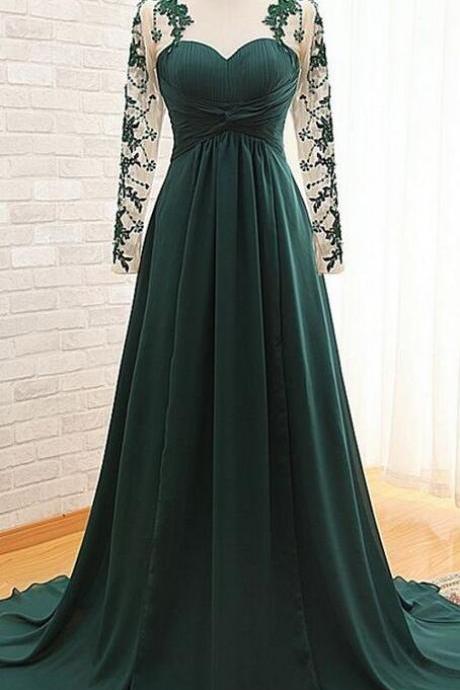 Sexy Illusion Dark Green Long Sleeves Prom Dresses