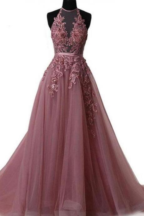 Halter A Line Brush Train Simple Lace Prom Dress/evening Dresses