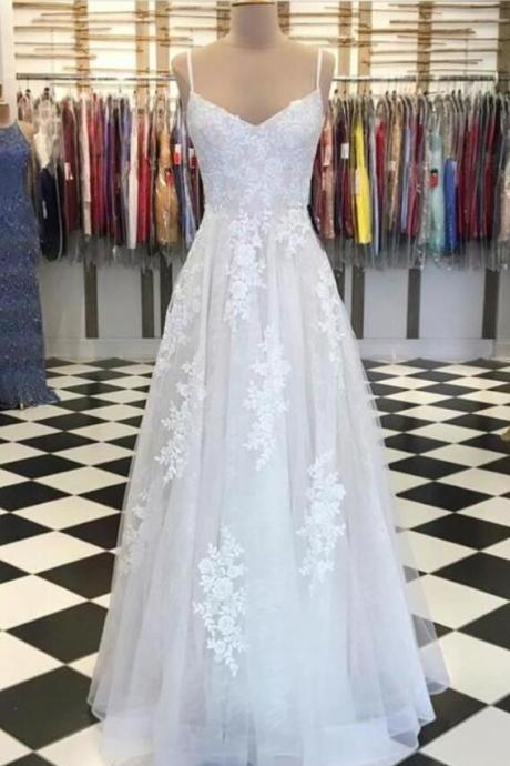 A Line White Lace Tulle Long Prom Dress, Evening Dress