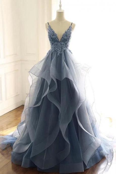 Charming Blue Gray Tulle V Neck Long Ruffles Prom Dress With Lace