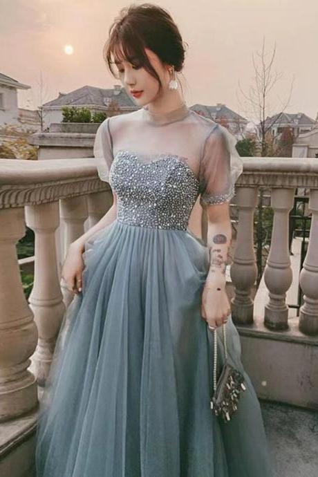 A Line Tulle Prom Dress With Beading,noble Evening Dresses