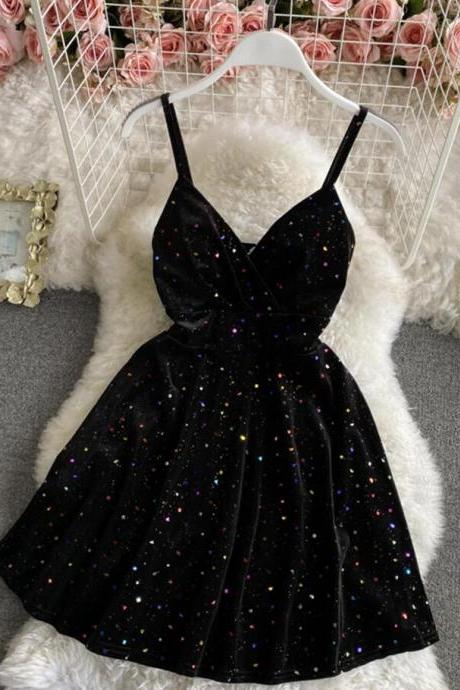 A Line Black Velvet Short Dress Mini Dress