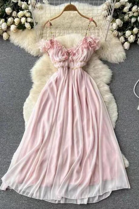 Sweet V-neck Pleated Chiffon Dress, Cute Halter Holiday Dress